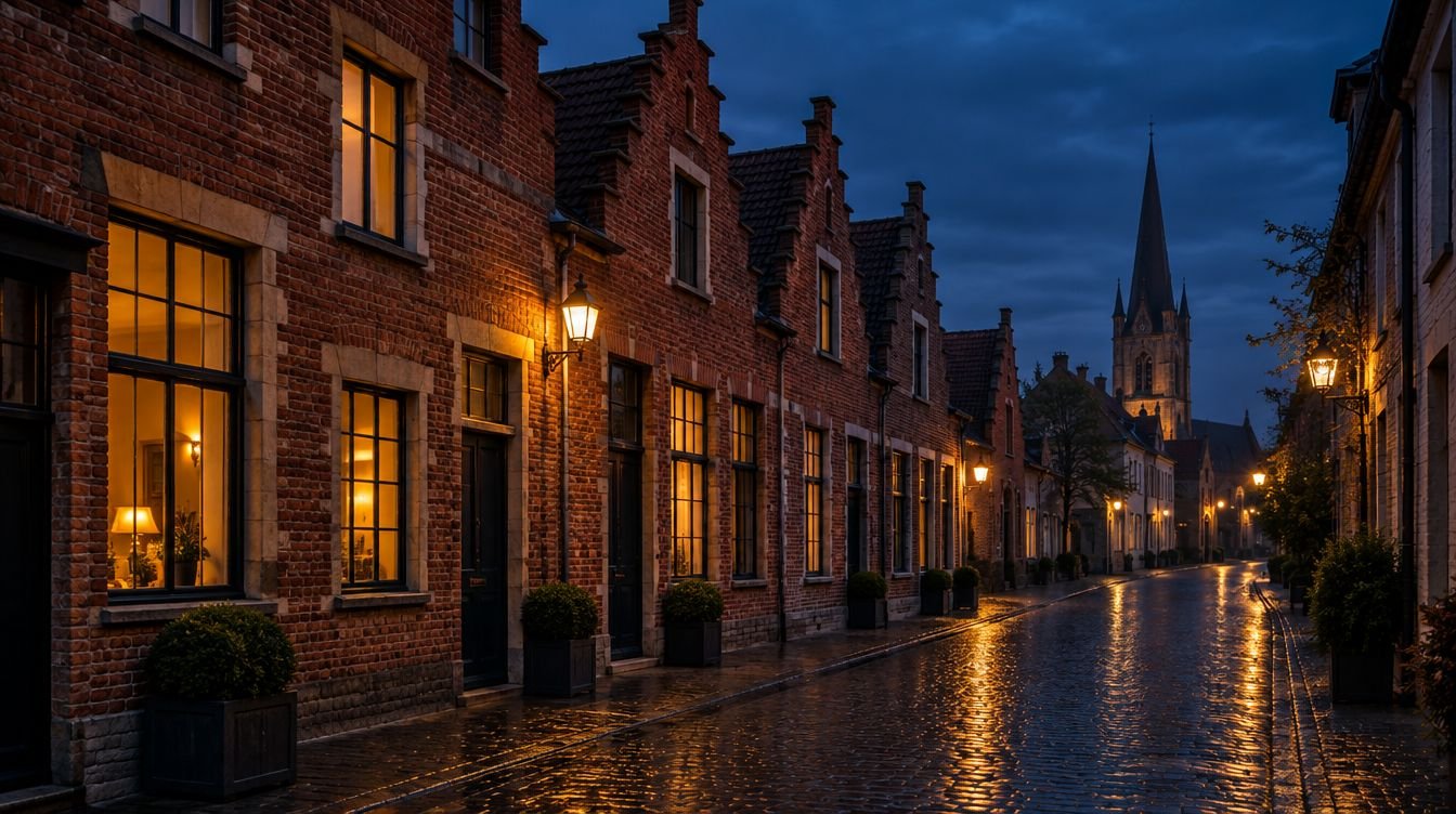 Straat met bakstenen huizen bij valavond